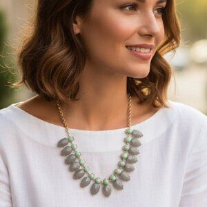 NWT J Crew Statement Necklace Gold Chain Gemstone Teardrop Grey Mint Green